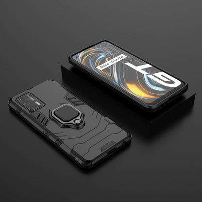 Black rugged phone case with magnetic ring holder, front and back pieces in view