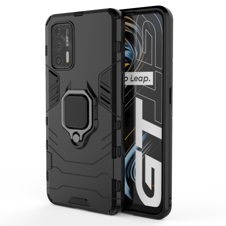 Black shockproof phone case with magnetic ring holder, back-on view