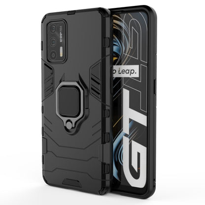 Black shockproof phone case with magnetic ring holder, back-on view