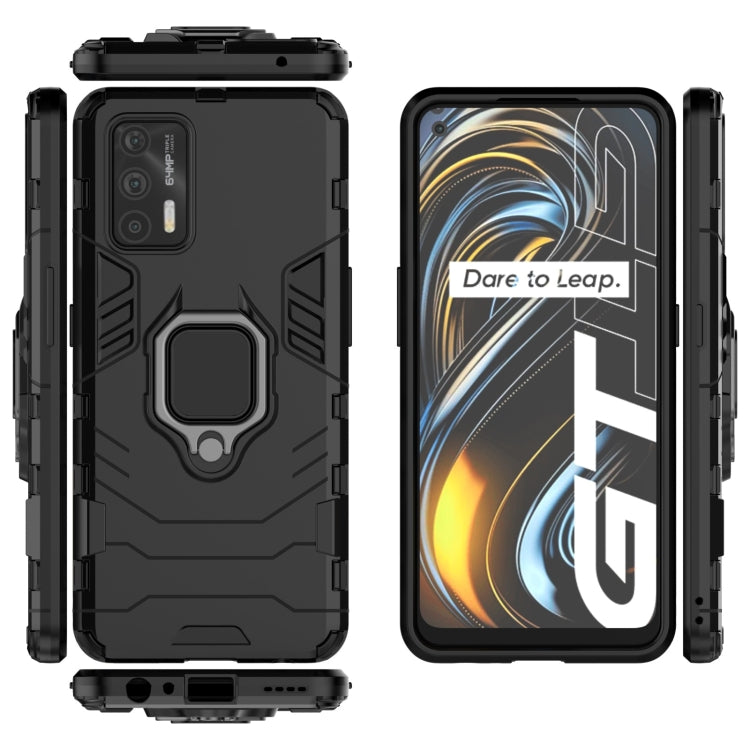 Black rugged phone case with magnetic ring holder, front, back, and side views
