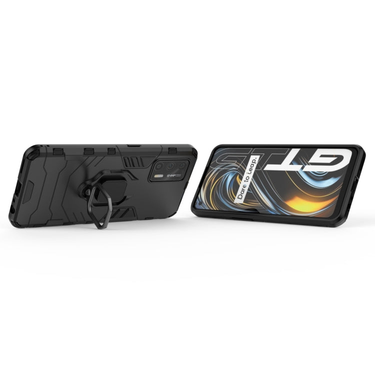 Black rugged phone case with magnetic ring holder and built-in kickstand