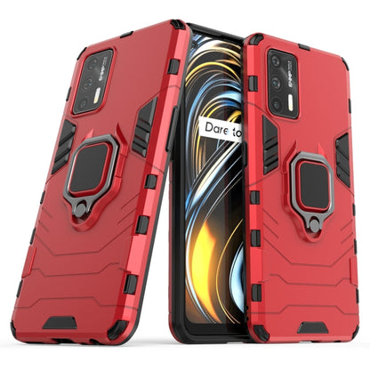 Red shockproof phone case with magnetic ring holder, shown open with front and back