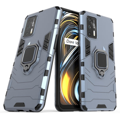 Navy blue shockproof phone case with magnetic ring holder, shown open front and back