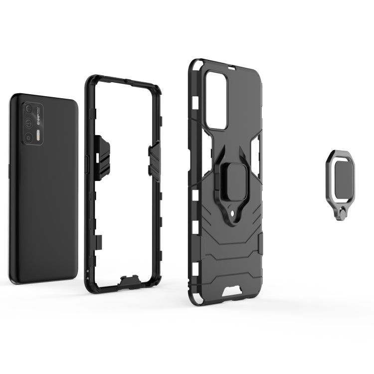 Black rugged phone case with magnetic ring holder, shown assembled and ring accessory