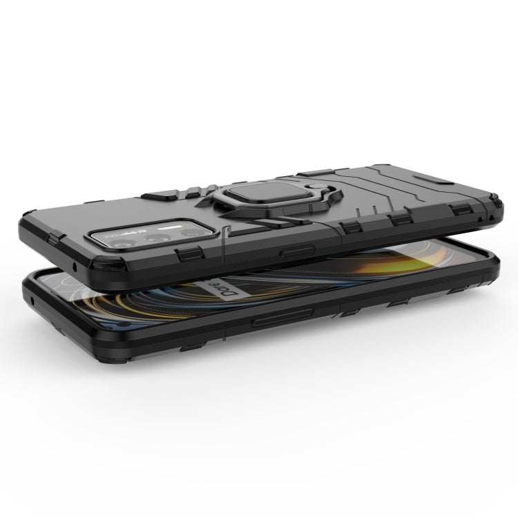 Black shockproof phone case with magnetic ring holder, side angle with layered design