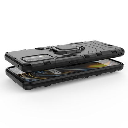 Black shockproof phone case with magnetic ring holder, side angle with layered design