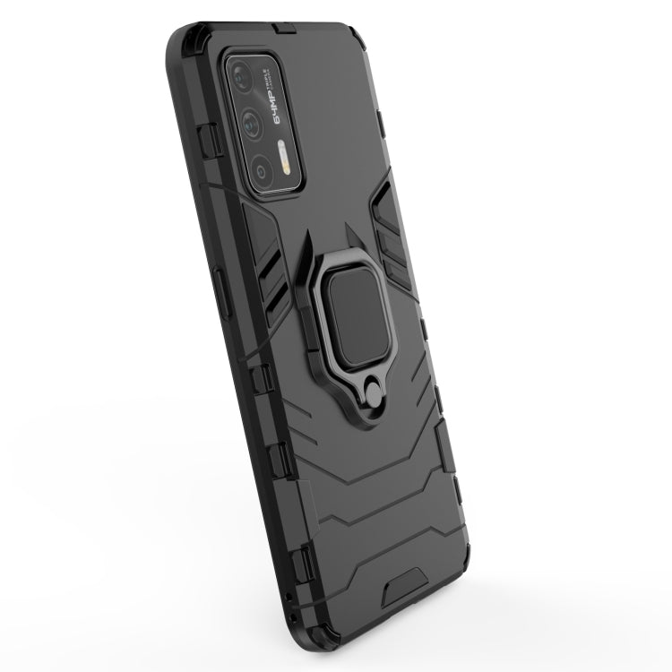 Black rugged phone case with magnetic ring holder, angled back view
