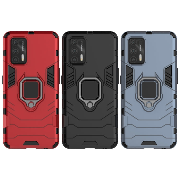 Magnetic-ring shockproof phone case in red, black, and blue with TPU bumper