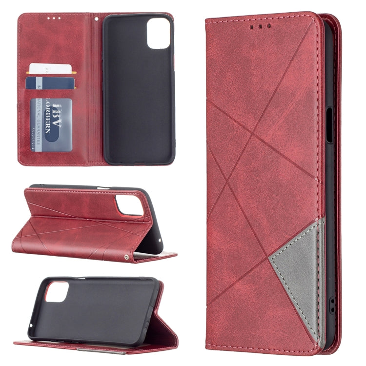 Red rhombus-texture magnetic flip leather phone case with card slots and stand
