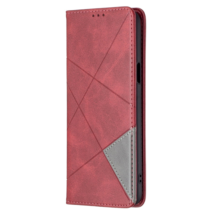 Red rhombus-pattern leather flip phone case with magnetic closure and card slot