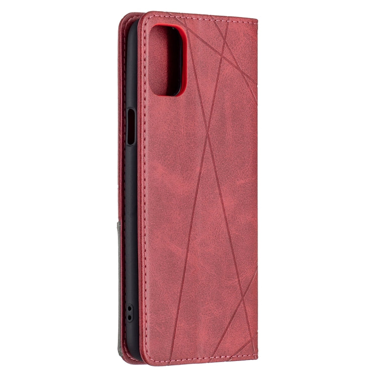 Red rhombus-texture flip leather phone case with cutout for camera and ports