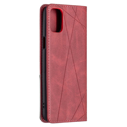 Red rhombus-texture flip leather phone case with cutout for camera and ports