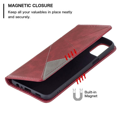 Red leather flip phone case with magnetic closure and built-in magnet strap