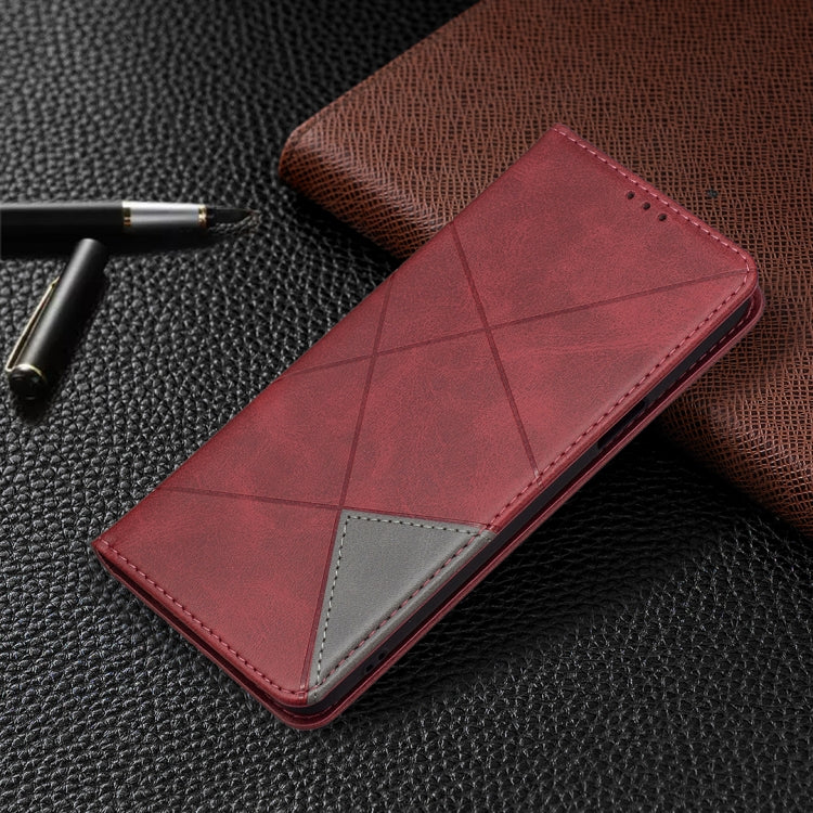 Red rhombus-pattern leather flip phone case with stitched edges and card window
