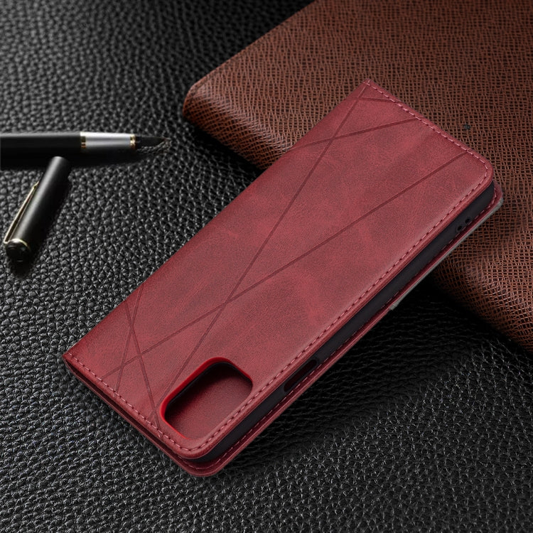 Red rhombus-texture leather flip phone case with camera opening and card slots