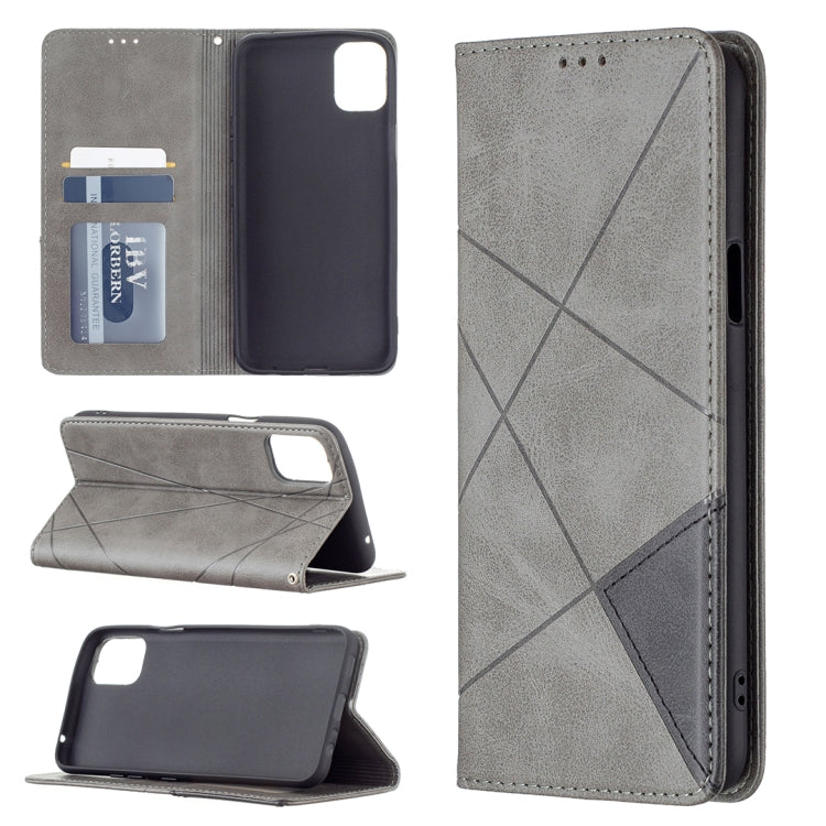 Gray rhombus-texture magnetic flip leather phone case with card slots and holder