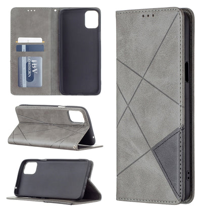 Gray rhombus-texture magnetic flip leather phone case with card slots and holder