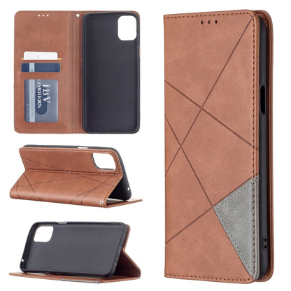 Brown rhombus-texture magnetic leather phone case with card slots and stand