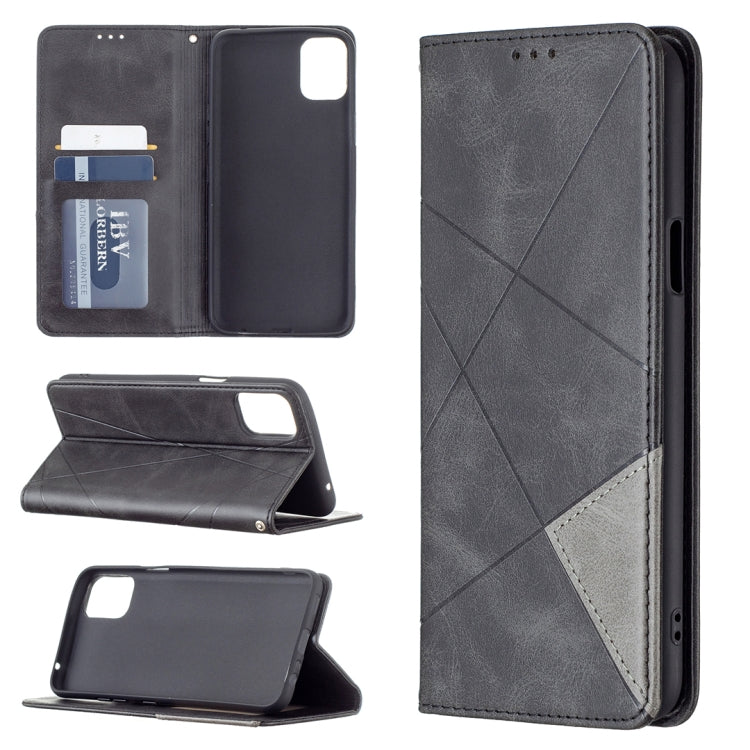 Grey rhombus-texture magnetic leather phone case with card slots and stand