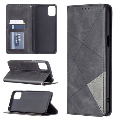 Grey rhombus-texture magnetic leather phone case with card slots and stand
