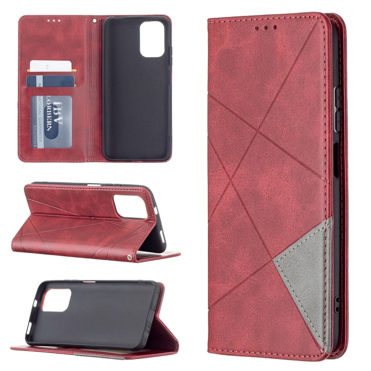 Red rhombus-texture magnetic leather phone case with card slots and stand