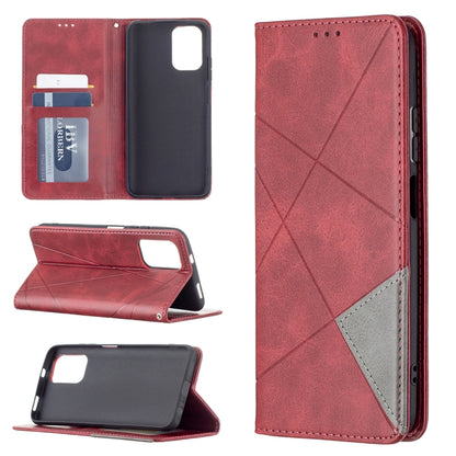 Red rhombus-texture magnetic leather phone case with card slots and stand