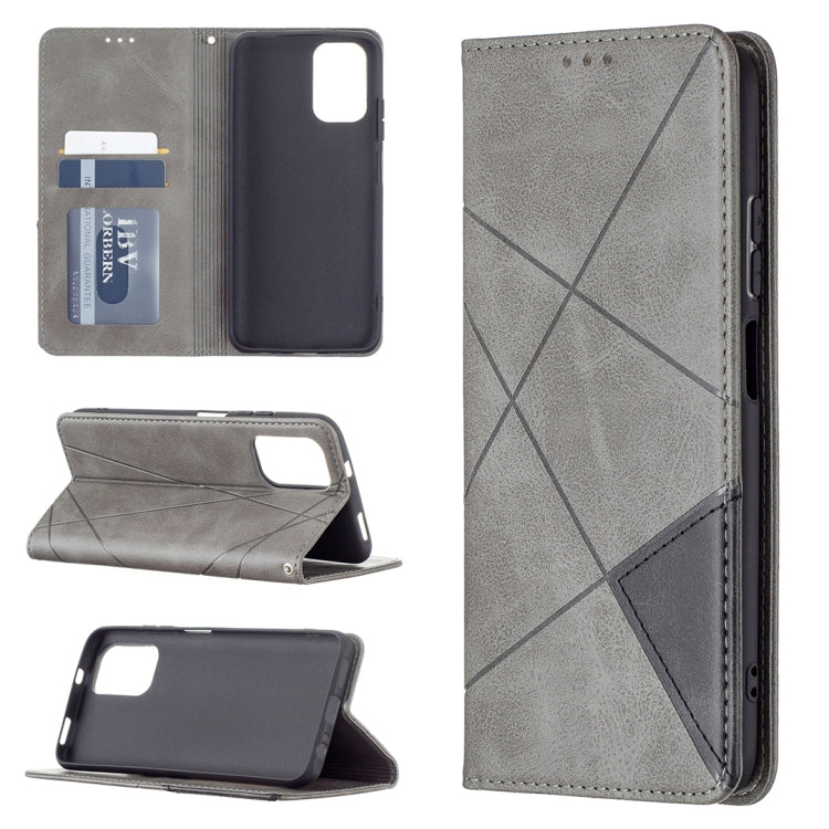 Grey rhombus-texture magnetic leather phone case with card slots and stand
