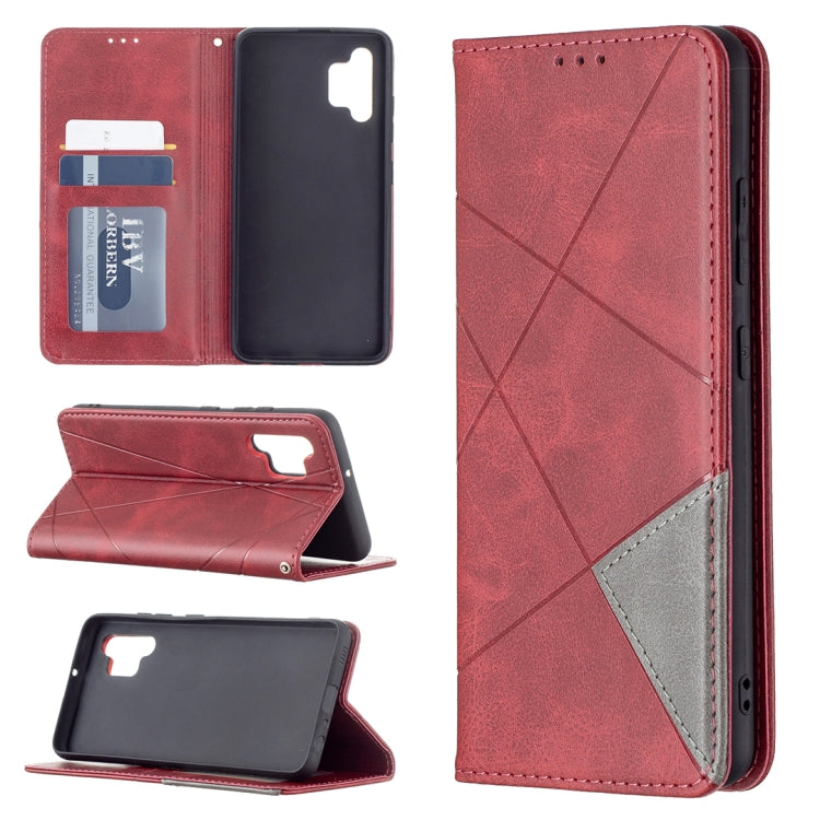 Red rhombus-texture magnetic leather phone case with card slots and stand