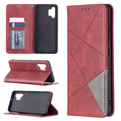 Red rhombus-texture magnetic leather phone case with card slots and stand