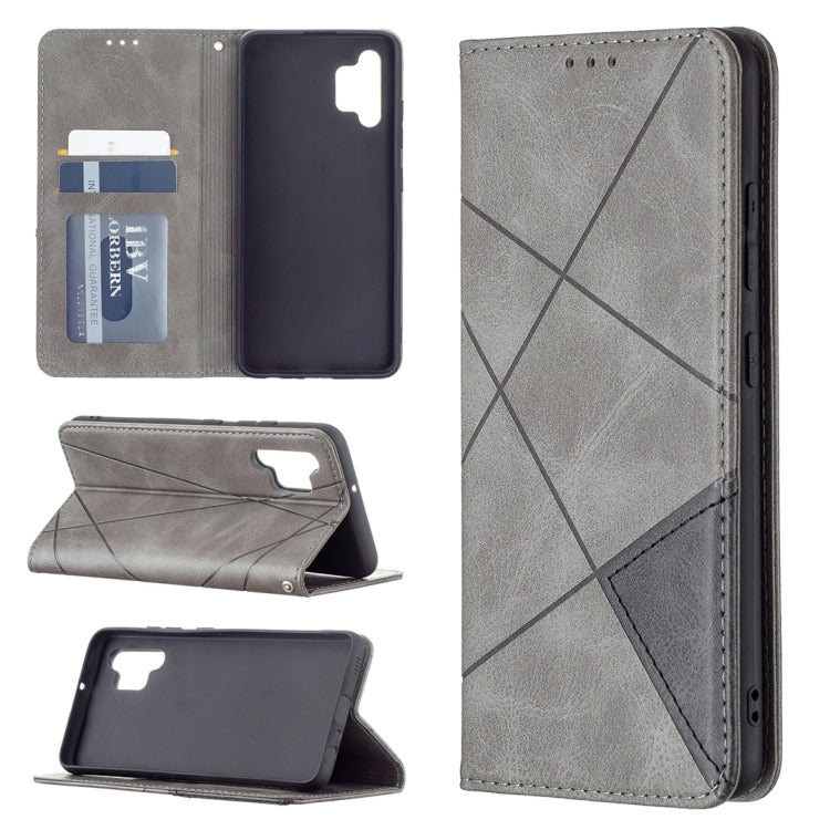 Grey rhombus-texture magnetic leather phone case with card slots and stand