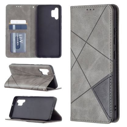 Grey rhombus-texture magnetic leather phone case with card slots and stand