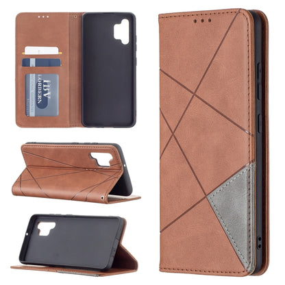 Brown rhombus textured magnetic leather wallet case with card slots and flip stand