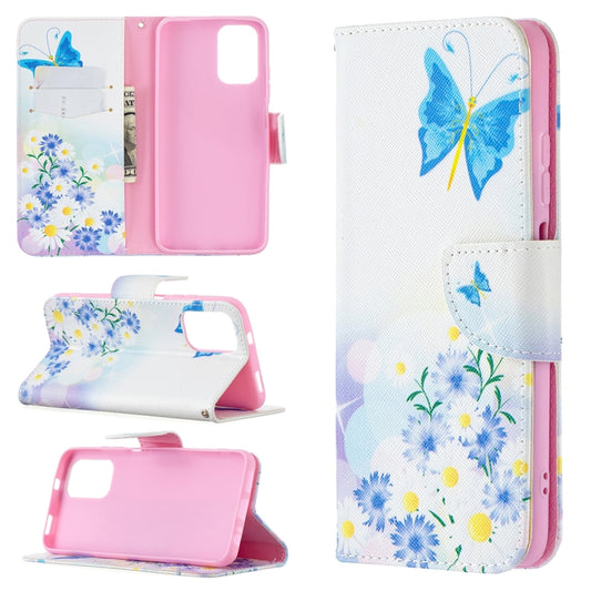 Horizontal flip leather phone case with butterfly and blue flower pattern, card slots and holder