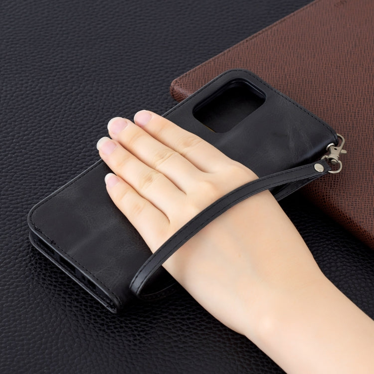Phone wallet flip case with lanyard and card slot, dark PU leather.