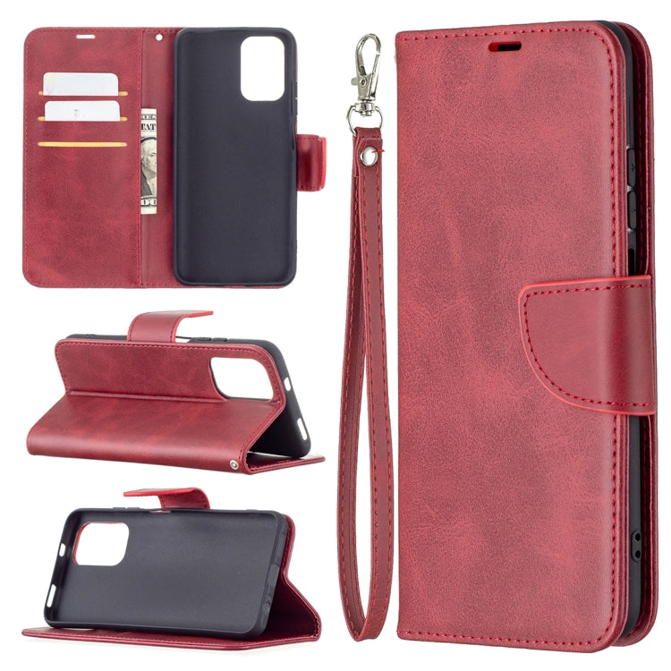Flip phone wallet case with lanyard and card slots, red textured PU leather.