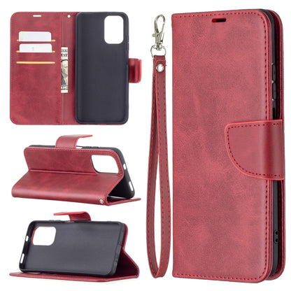 Flip phone wallet case with lanyard and card slots, red textured PU leather.