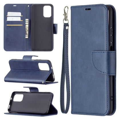 Blue flip PU leather phone case with card slots, holder, and wrist lanyard