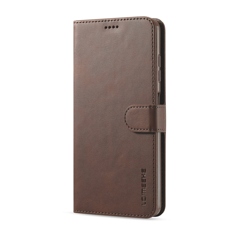 Brown leather flip wallet case with card-slot flap and stitched edges