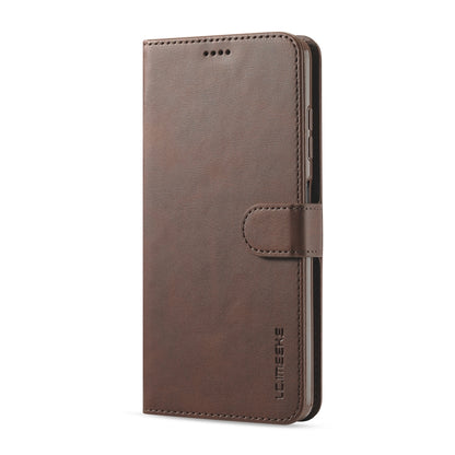 Brown leather flip wallet case with card-slot flap and stitched edges