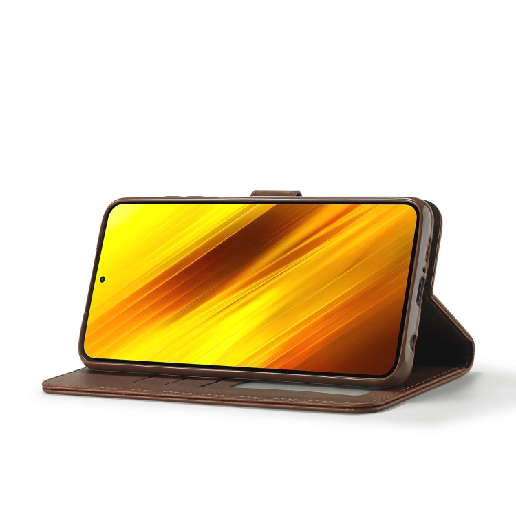 Brown leather flip phone case in stand position with side cutouts