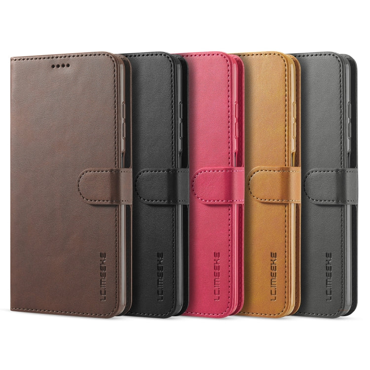 Calf texture leather flip case with holder, card slots; shown in brown, black, red, yellow, grey