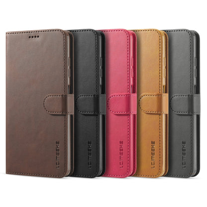 Calf texture leather flip case with holder, card slots; shown in brown, black, red, yellow, grey