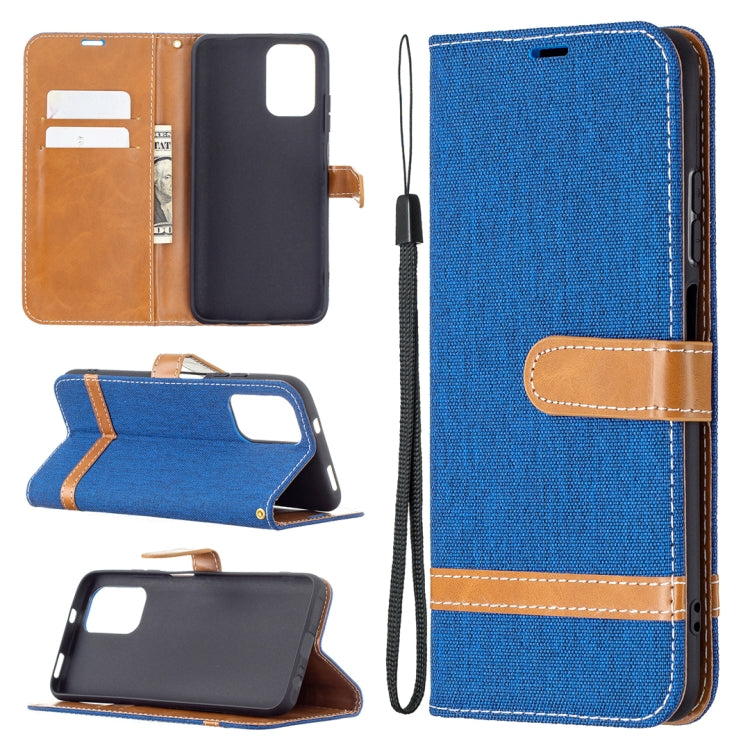 Leather wallet phone case with denim-texture finish, lanyard strap, card slots, blue