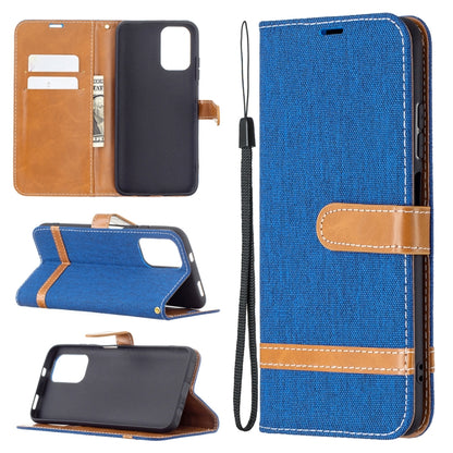 Leather wallet phone case with denim-texture finish, lanyard strap, card slots, blue