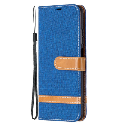 Denim-texture leather wallet phone case with lanyard strap and tan card holder, blue