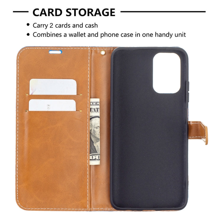 Denim-texture leather wallet phone case with 2-card slot, cash pocket, phone holder, blue