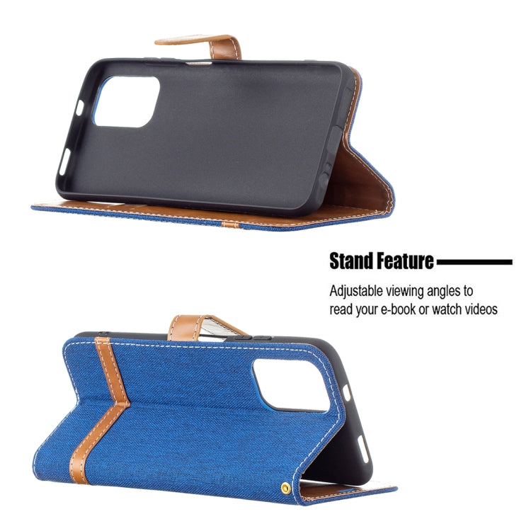 Blue denim-texture leather wallet phone case with stand flip and card pocket, lanyard