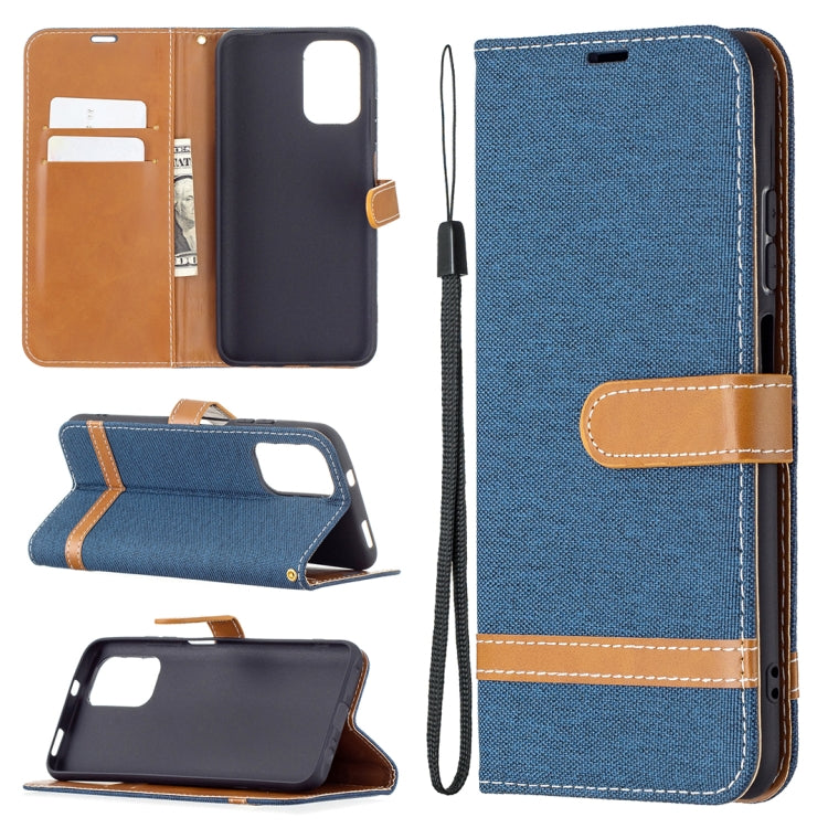 Blue denim-texture leather wallet phone case set: card slots, lanyard strap, flip stand