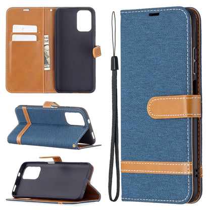 Blue denim-texture leather wallet phone case set: card slots, lanyard strap, flip stand