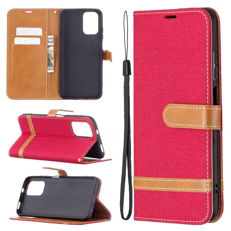 Red denim-texture leather wallet phone case with tan card holder and lanyard strap